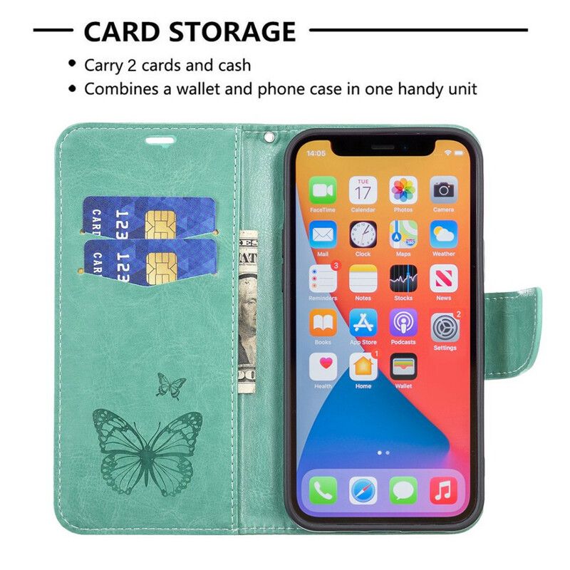 Folio Deksel Til iPhone 13 Pro Butterflies Printed Strappy