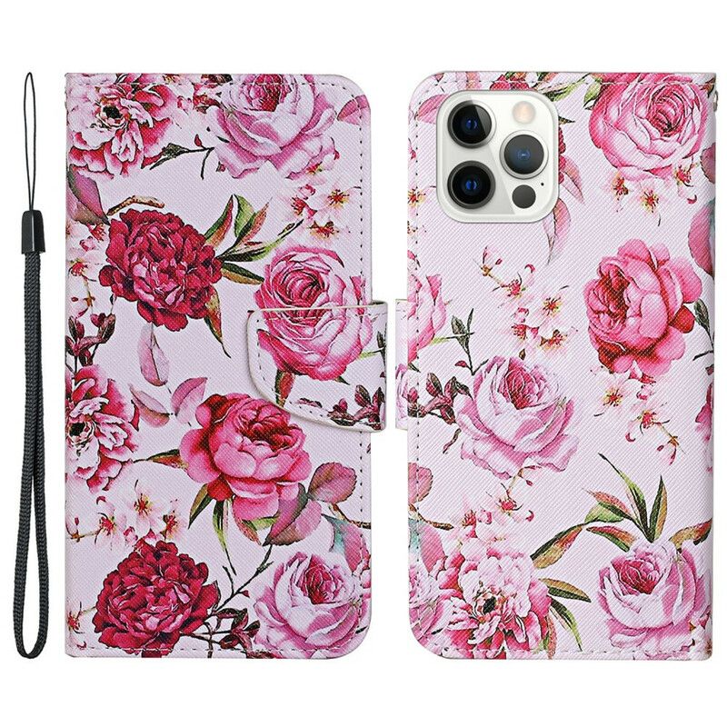 Folio Deksel Til iPhone 13 Pro Mesterlige Blomster Med Stropp