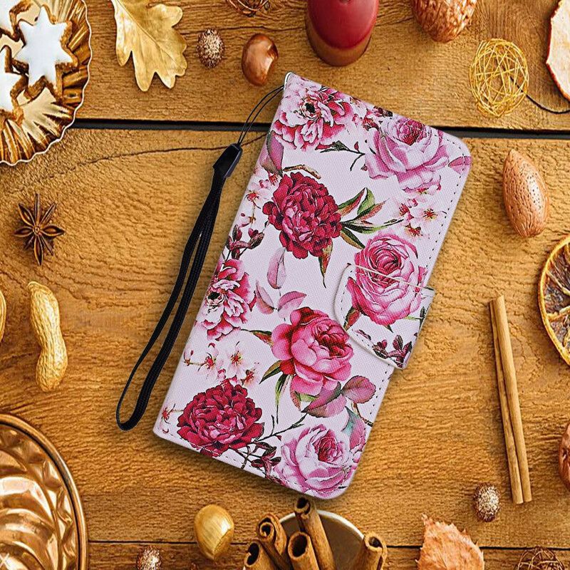 Folio Deksel Til iPhone 13 Pro Mesterlige Blomster Med Stropp