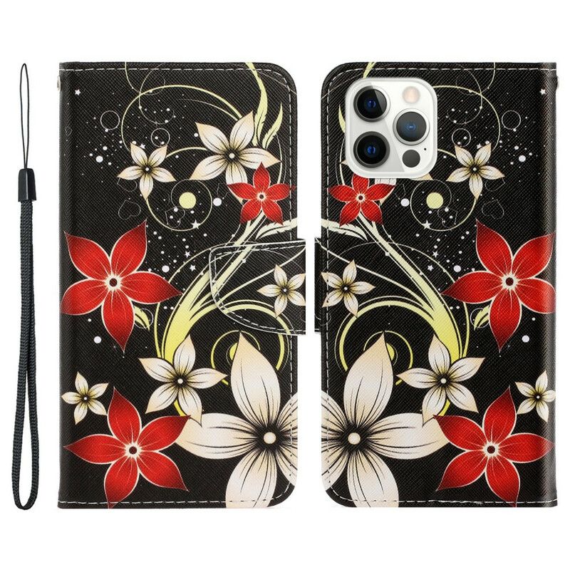 Lærdeksel Folio Deksel iPhone 13 Pro Mobildeksel Fargerike Strappy Blomster