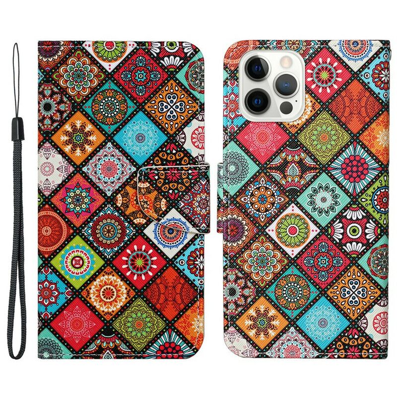 Lærdeksel Folio Deksel iPhone 13 Pro Mobildeksel Patchwork-mandalaer Med Snor