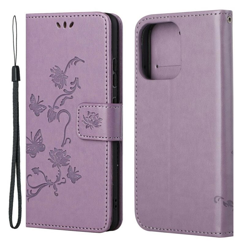 Lærdeksel Folio Deksel iPhone 13 Pro Mobildeksel Sommerfugler Og Blomster Strappy