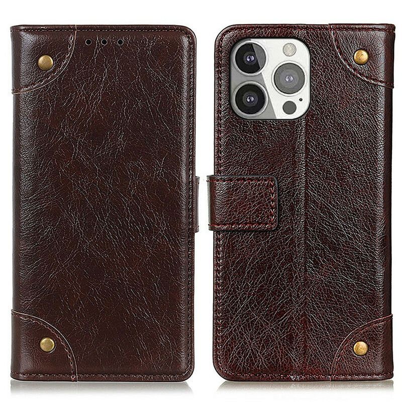 Lærdeksel Folio Deksel iPhone 13 Pro Mobildeksel Style Nappa Leather Vintage Nagler