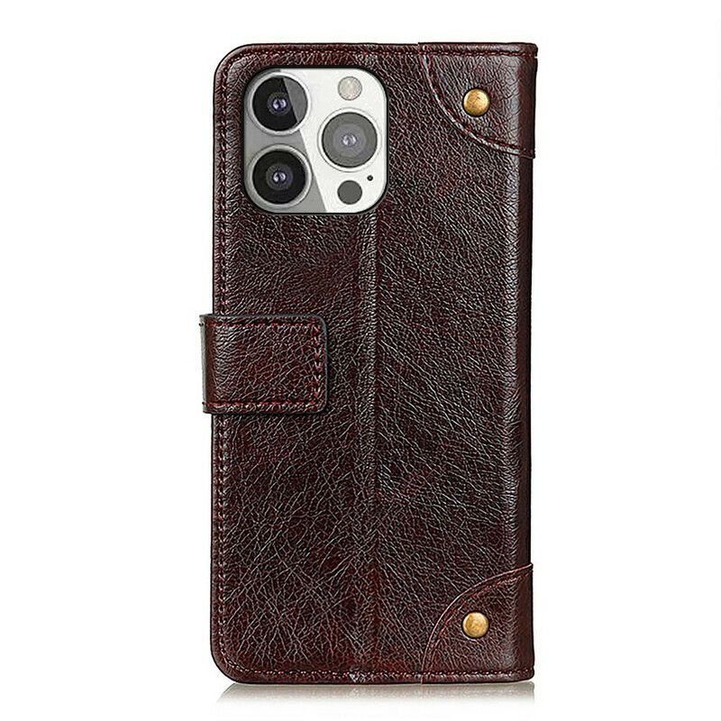 Lærdeksel Folio Deksel iPhone 13 Pro Mobildeksel Style Nappa Leather Vintage Nagler