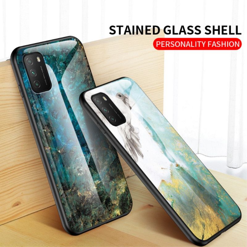 Deksel Xiaomi Poco M3 Svart Marmorfarger Herdet Glass