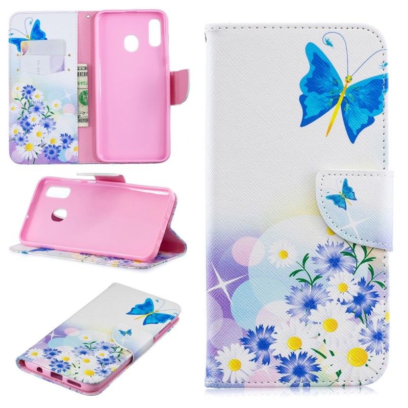 Folio Deksel for Samsung Galaxy A30 Magenta Malte Sommerfugler Og Blomster