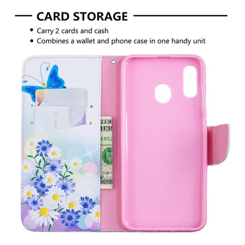 Folio Deksel for Samsung Galaxy A30 Magenta Malte Sommerfugler Og Blomster