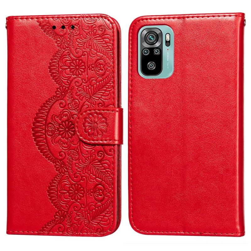 Folio Deksel Xiaomi Redmi Note 10 / Note 10S Rød Blomsterbroderitrykk Anti-fall