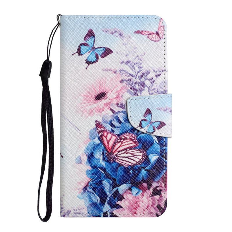 Folio Deksel Til Samsung Galaxy S22 Ultra 5G Bukett Med Blomster Og Sommerfugler