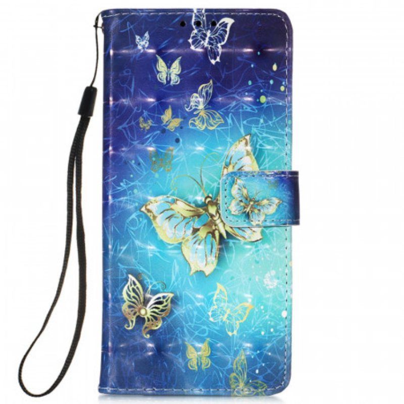 Folio Deksel Til Samsung Galaxy S22 Ultra 5G Golden Butterflies Lanyard