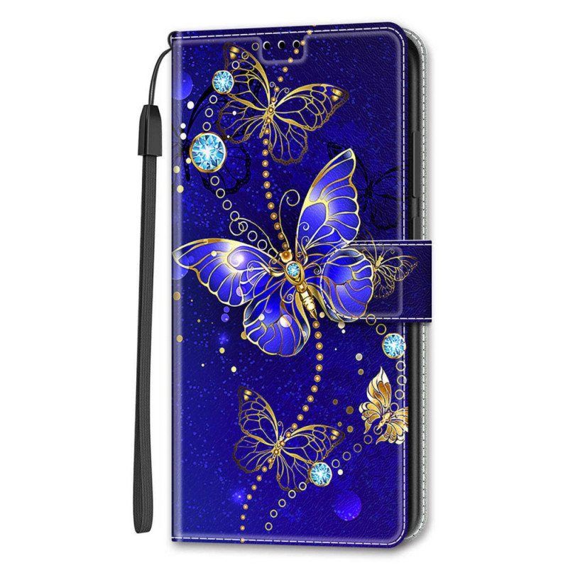 Folio Deksel Til Samsung Galaxy S22 Ultra 5G Med Kjede Strap Butterflies Fan