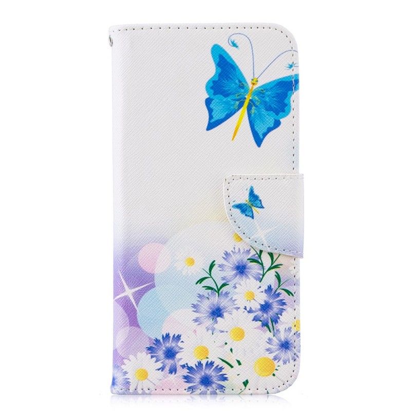 Lærdeksel Folio Deksel Honor 10 Lite Lyseblå Mobildeksel Malte Sommerfugler Og Blomster