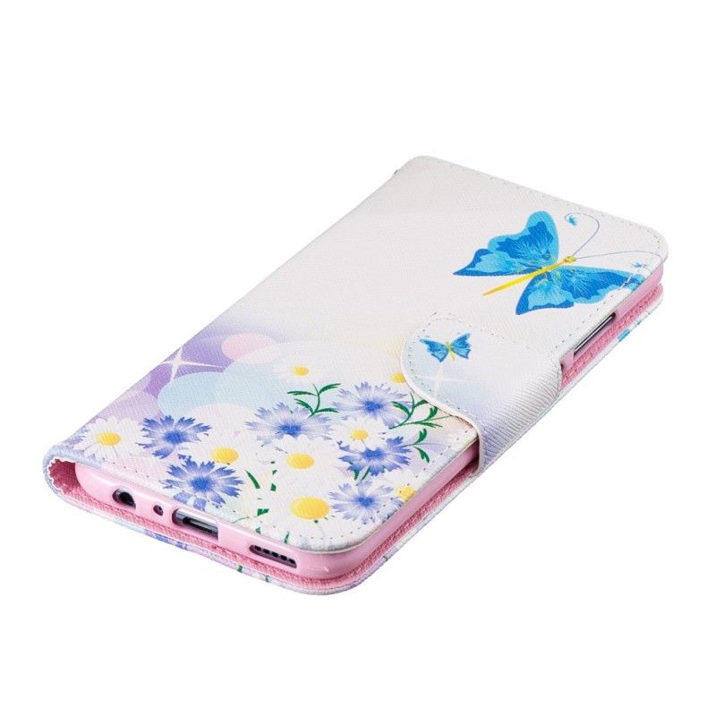 Lærdeksel Folio Deksel Honor 10 Lite Lyseblå Mobildeksel Malte Sommerfugler Og Blomster