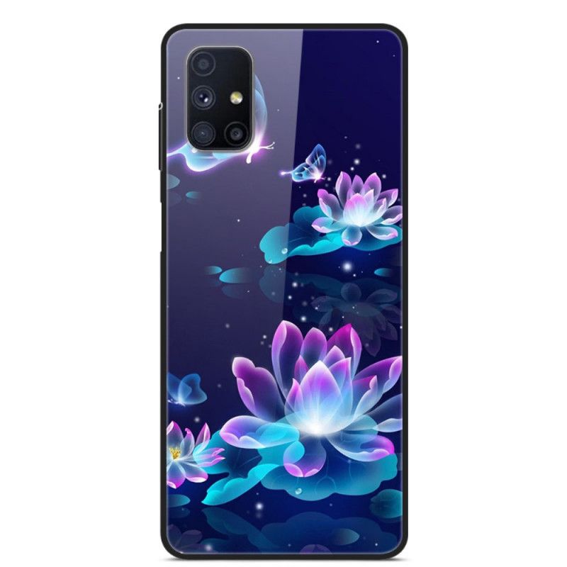 Deksel for Samsung Galaxy M51 Mørkeblå Fancy Blomster I Herdet Glass