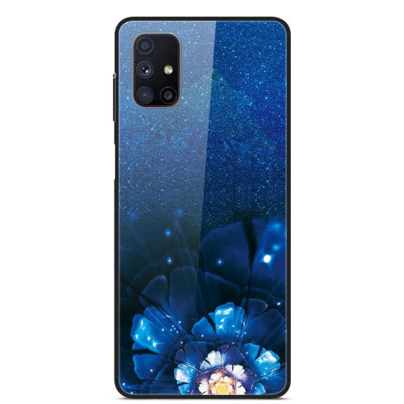 Deksel for Samsung Galaxy M51 Mørkeblå Fancy Blomster I Herdet Glass