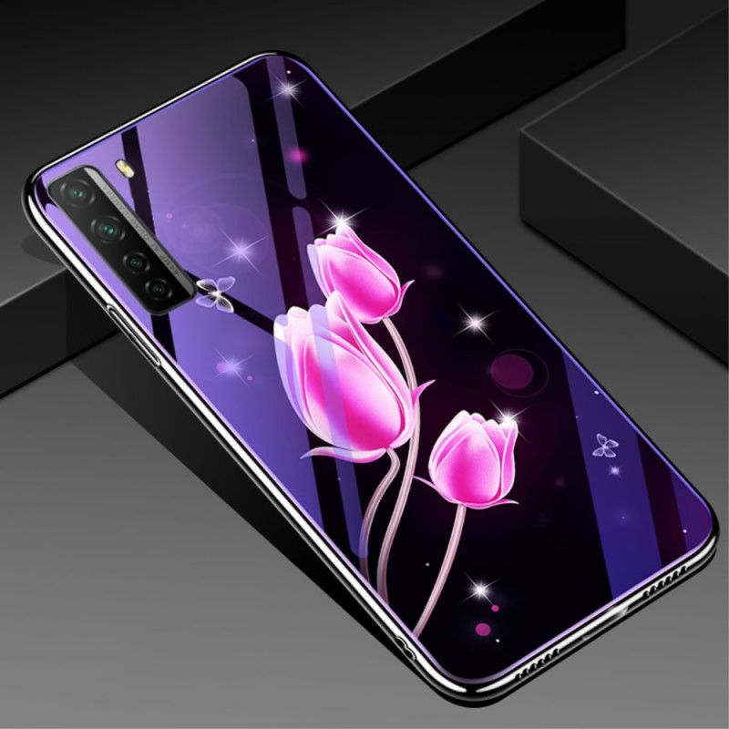 Deksel Huawei P40 Lite 5G Magenta Herdet Glass Og Blomstersilikon Anti-fall