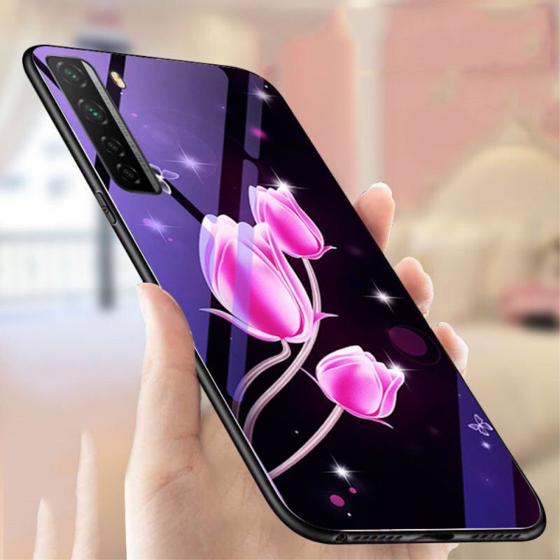 Deksel Huawei P40 Lite 5G Magenta Herdet Glass Og Blomstersilikon Anti-fall