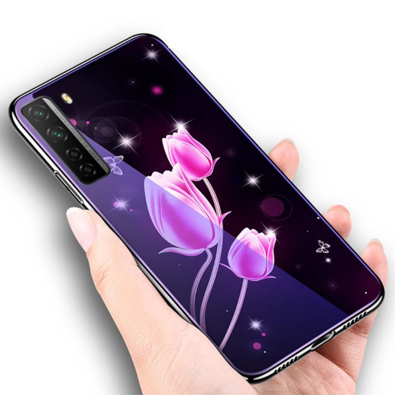 Deksel Huawei P40 Lite 5G Magenta Herdet Glass Og Blomstersilikon Anti-fall