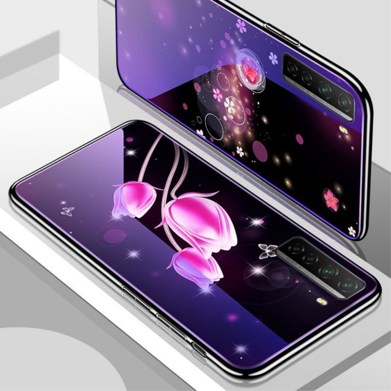 Deksel Huawei P40 Lite 5G Magenta Herdet Glass Og Blomstersilikon Anti-fall