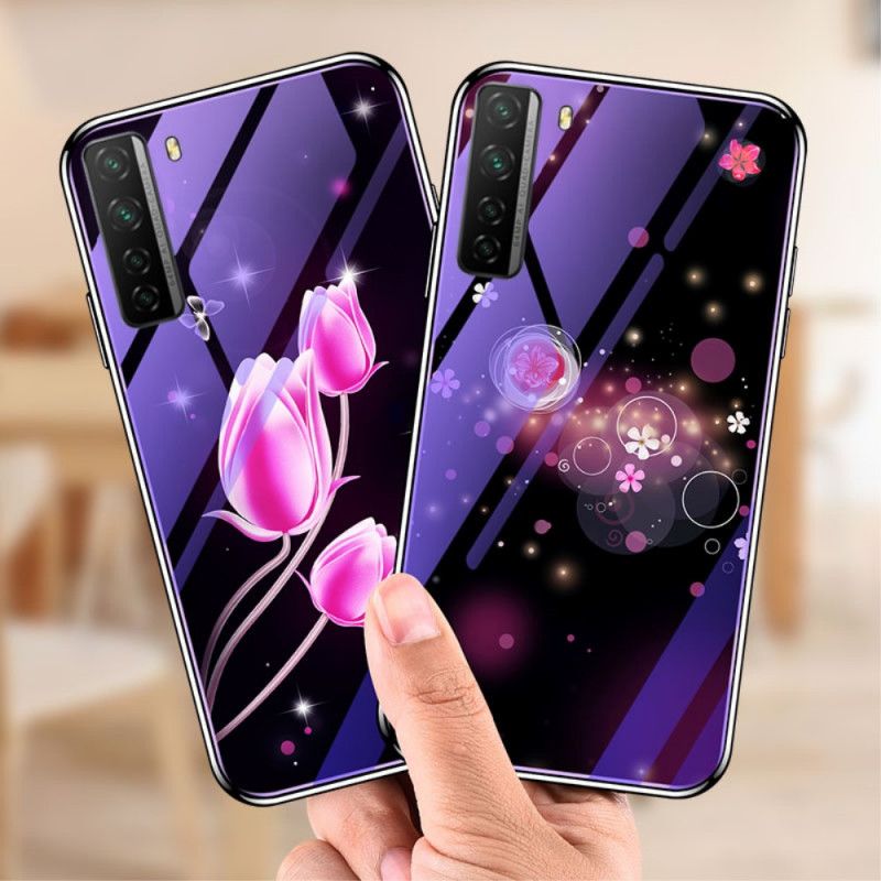 Deksel Huawei P40 Lite 5G Magenta Herdet Glass Og Blomstersilikon Anti-fall