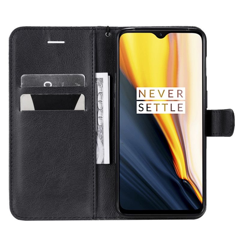 Folio Deksel OnePlus 7 Svart Skinneffekt Med Stropp Beskyttelse