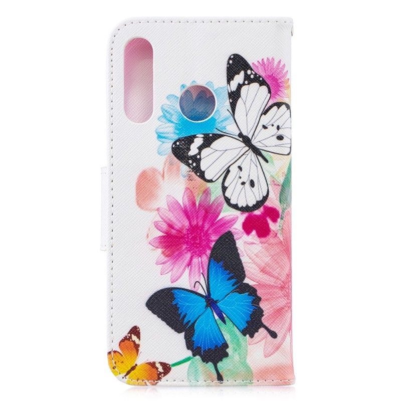 Folio Deksel for Huawei P30 Lite Magenta Malte Sommerfugler Og Blomster