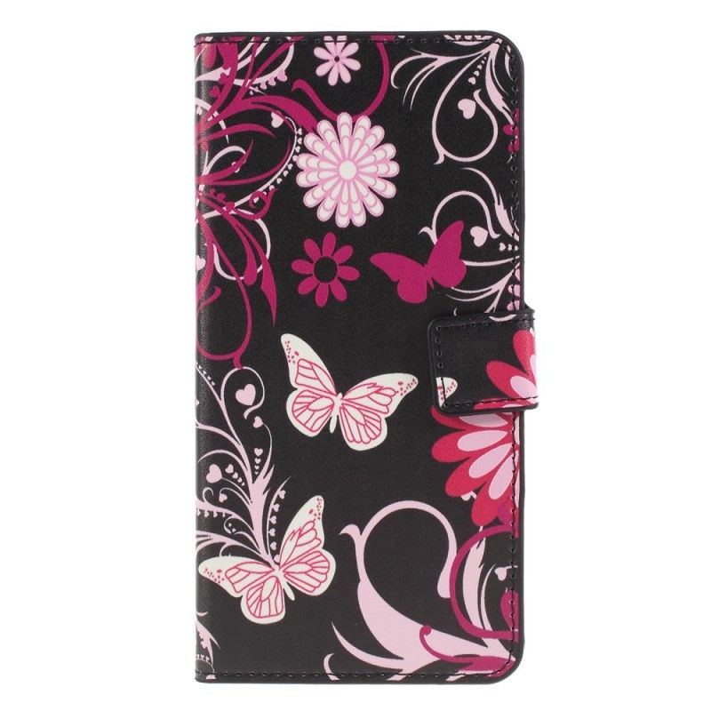 Lærdeksel Folio Deksel Huawei P30 Lite Svart Sommerfugler Og Blomster