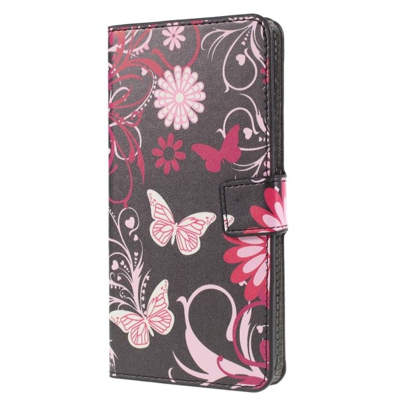 Lærdeksel Folio Deksel Huawei P30 Lite Svart Sommerfugler Og Blomster