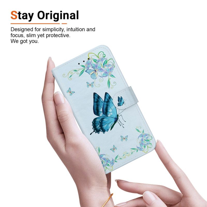 Folio Deksel Oppo Reno 12 5g Blå Sommerfugler Og Blomster Med Stropp Beskyttelse Deksel