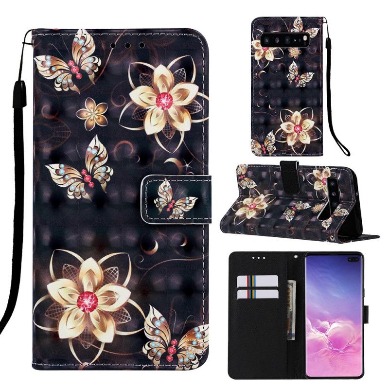 Lærdeksel Folio Deksel Samsung Galaxy S10 5G Gyldne Blomster