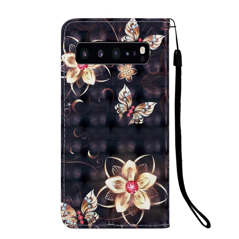 Lærdeksel Folio Deksel Samsung Galaxy S10 5G Gyldne Blomster