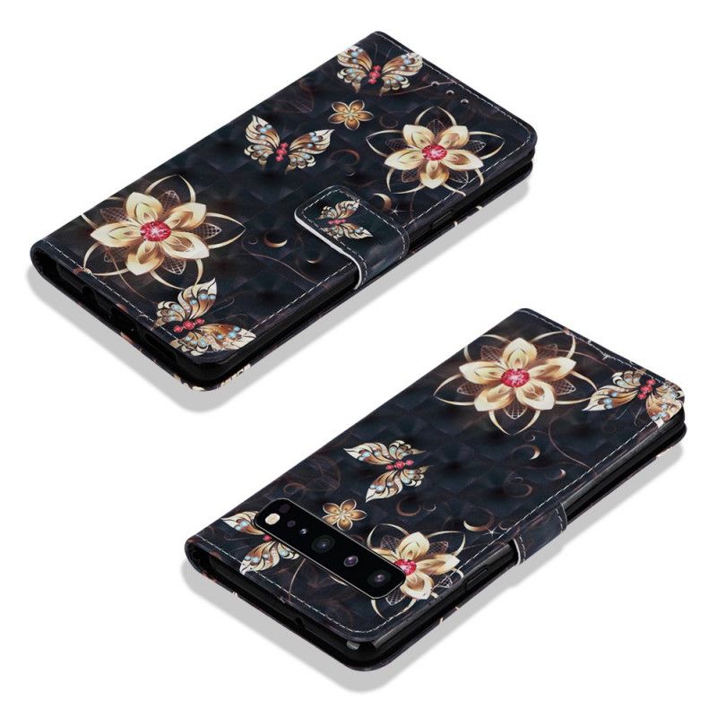 Lærdeksel Folio Deksel Samsung Galaxy S10 5G Gyldne Blomster