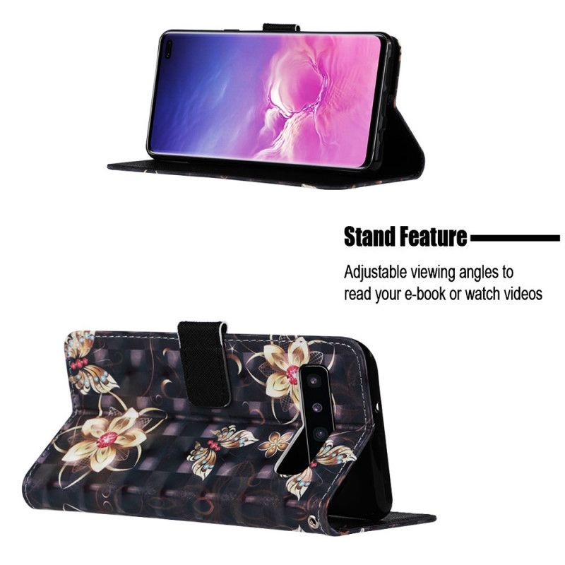 Lærdeksel Folio Deksel Samsung Galaxy S10 5G Gyldne Blomster