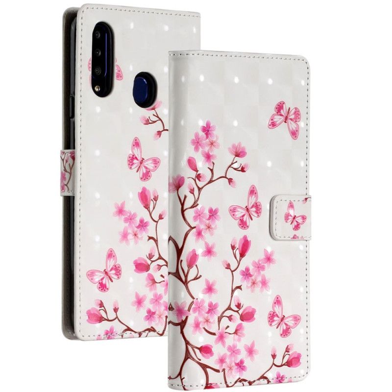 Folio Deksel for Samsung Galaxy A20s Rosa Blomster Og Sommerfugler