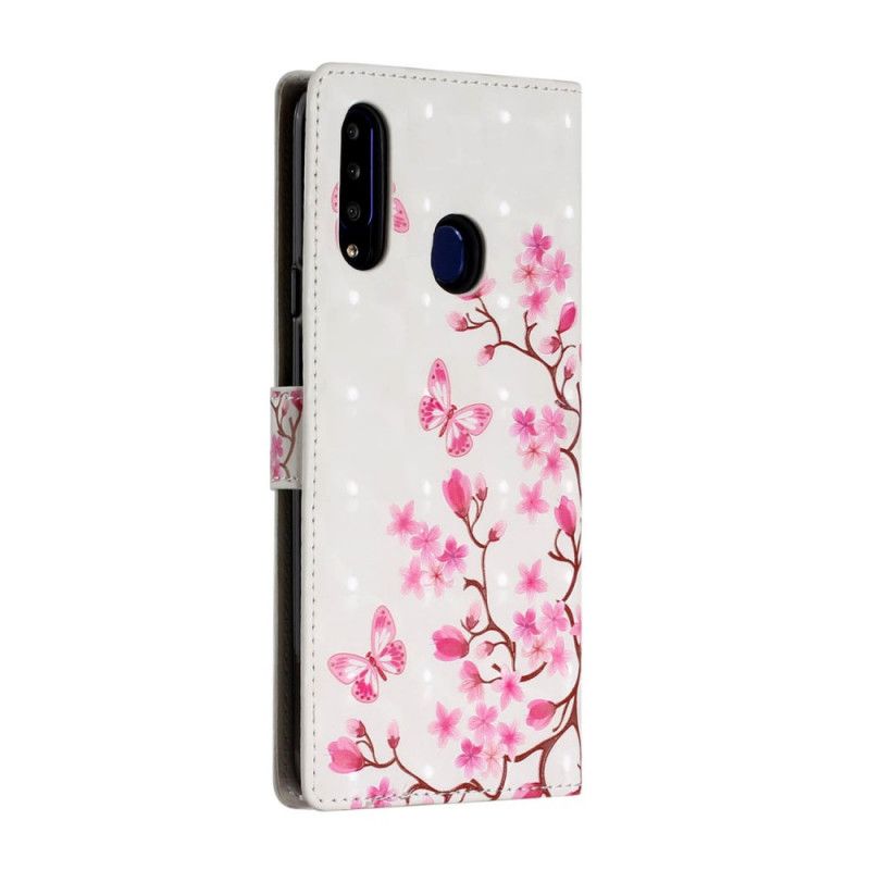 Folio Deksel for Samsung Galaxy A20s Rosa Blomster Og Sommerfugler