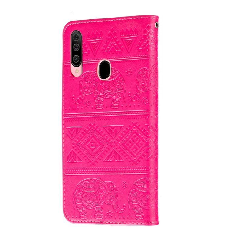 Folio Deksel Samsung Galaxy A20s Magenta Elefanter I Imitert Skinn