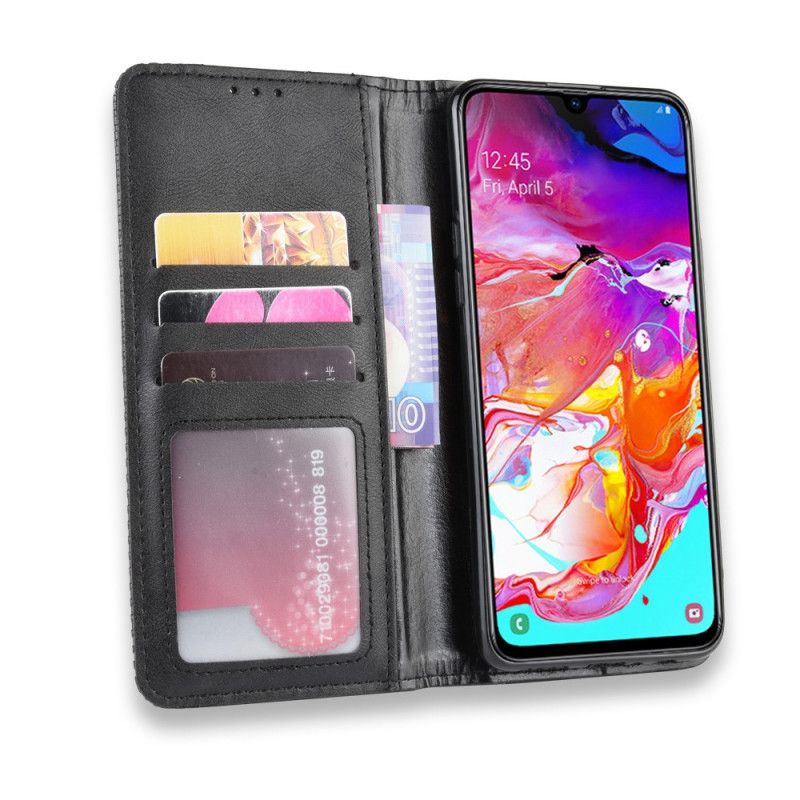 Folio Deksel Samsung Galaxy A20s Svart Stilisert Vintage-Skinneffekt