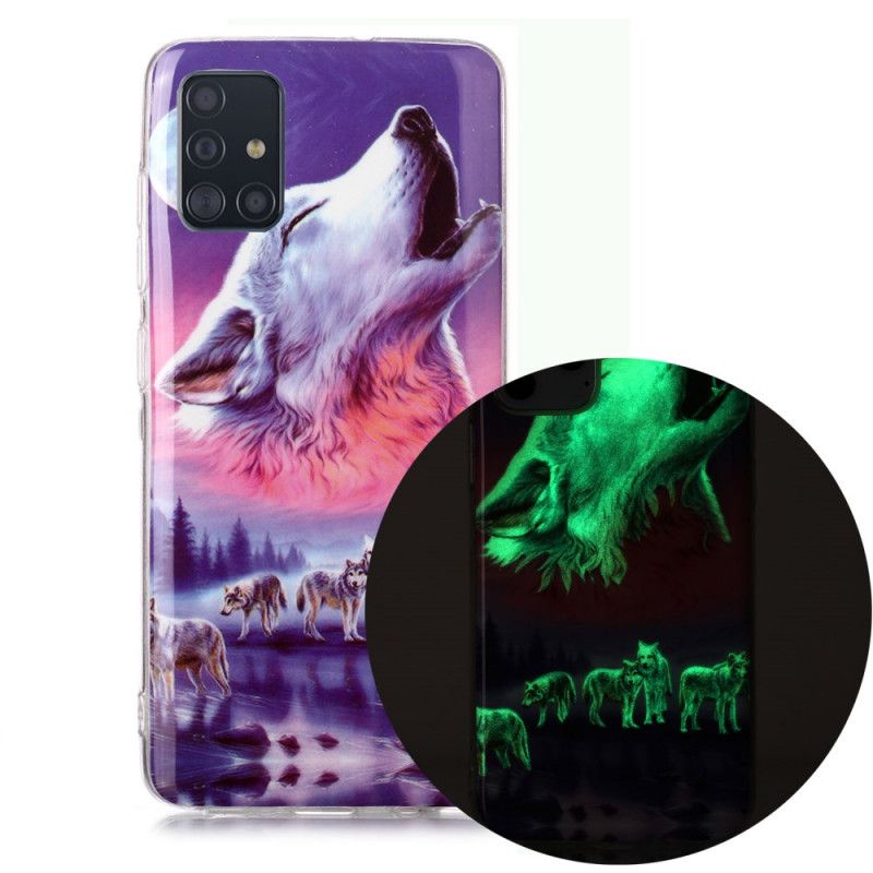 Deksel for Samsung Galaxy A51 Hvit Fluorescerende Ulveserie