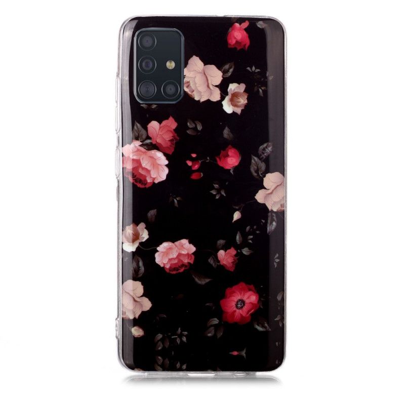 Deksel for Samsung Galaxy A51 Svart Fluorescerende Blomsterserie