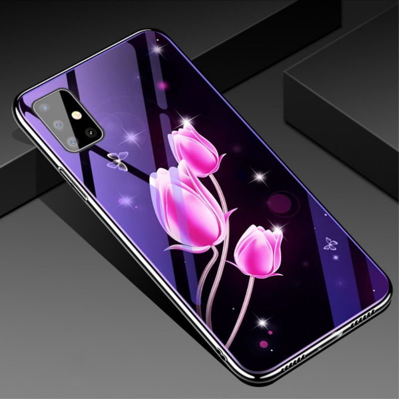 Deksel Samsung Galaxy A51 Rosa Herdet Glass Og Blomstersilikon Anti-fall