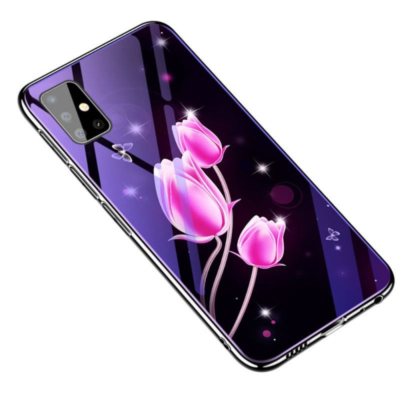 Deksel Samsung Galaxy A51 Rosa Herdet Glass Og Blomstersilikon Anti-fall