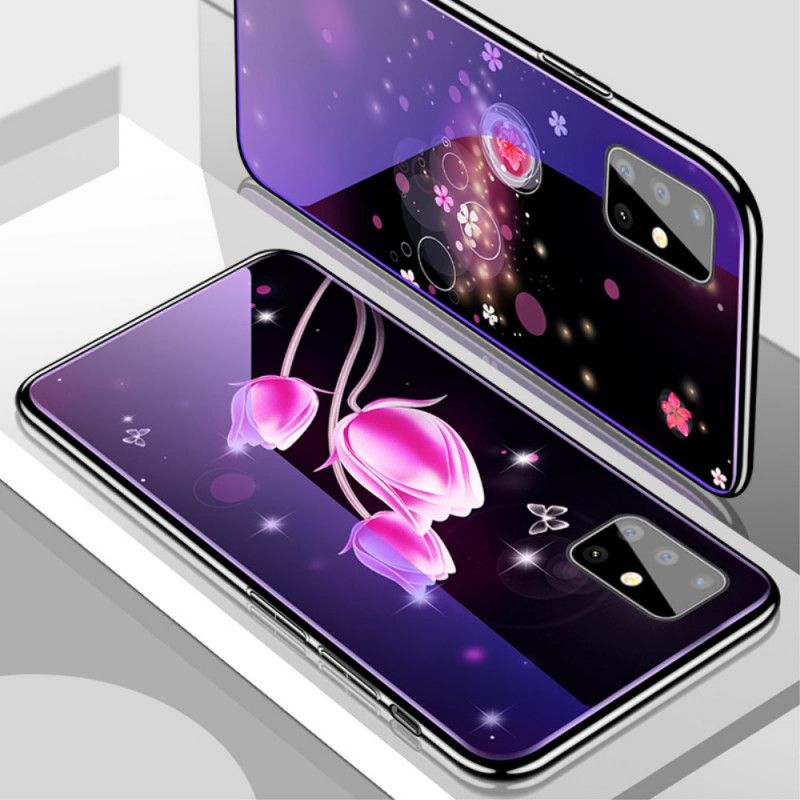 Deksel Samsung Galaxy A51 Rosa Herdet Glass Og Blomstersilikon Anti-fall