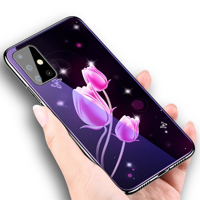 Deksel Samsung Galaxy A51 Rosa Herdet Glass Og Blomstersilikon Anti-fall