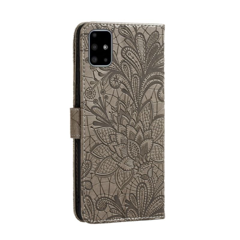 Lærdeksel Folio Deksel Samsung Galaxy A51 Grå Mobildeksel Tribal Thong Blomster