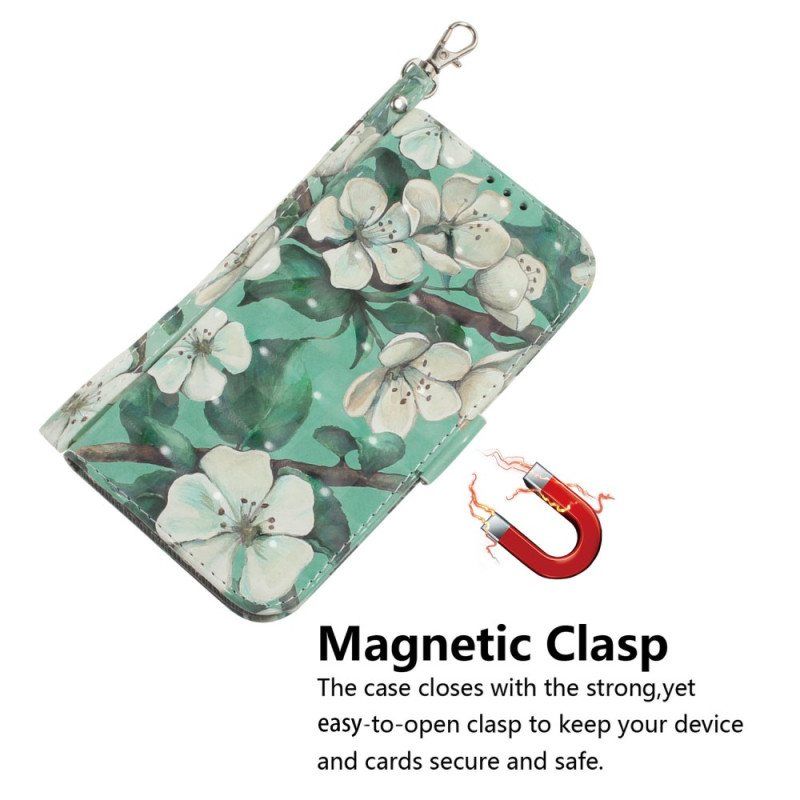 Folio Deksel Til Honor Magic 5 Lite Med Kjede Strappy Hvite Blomster