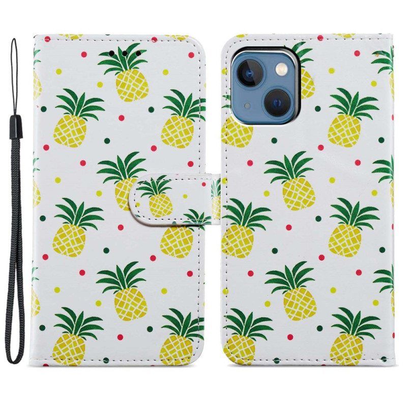 Folio Deksel Til iPhone 15 Plus Med Kjede Ananas Med Stropp