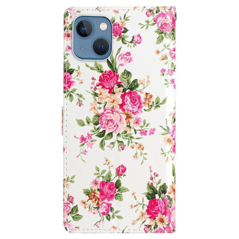 Folio Deksel Til iPhone 15 Plus Med Kjede Blomster Med Stropp