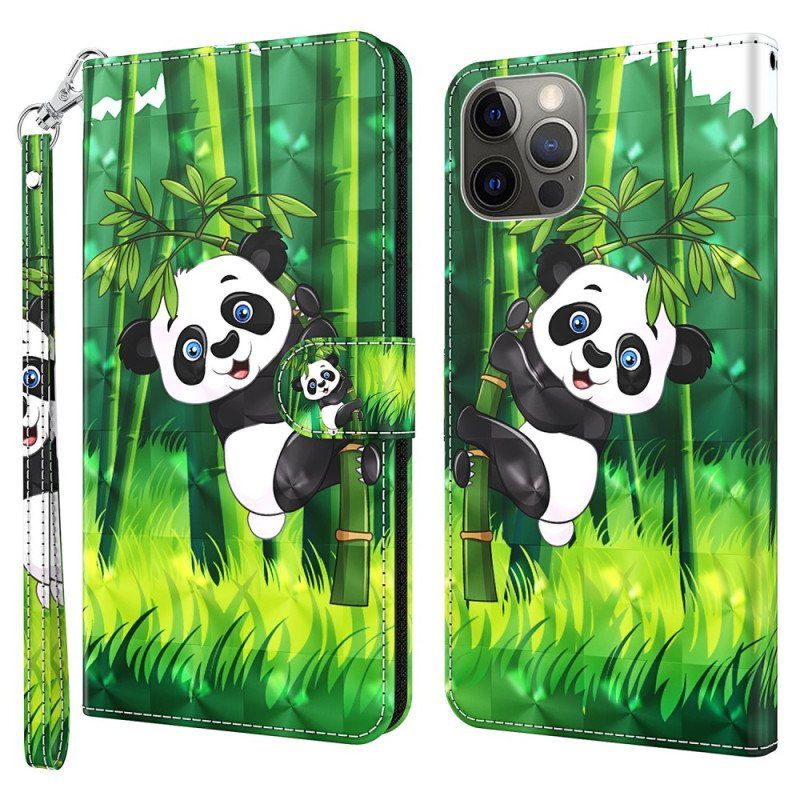 Folio Deksel Til iPhone 15 Pro Max Med Kjede 3d Bamboo Panda Med Stropp