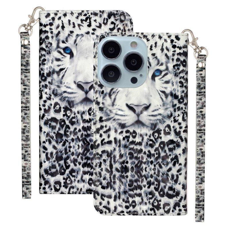 Folio Deksel Til iPhone 15 Pro Med Kjede 3d Leopard Med Stropp