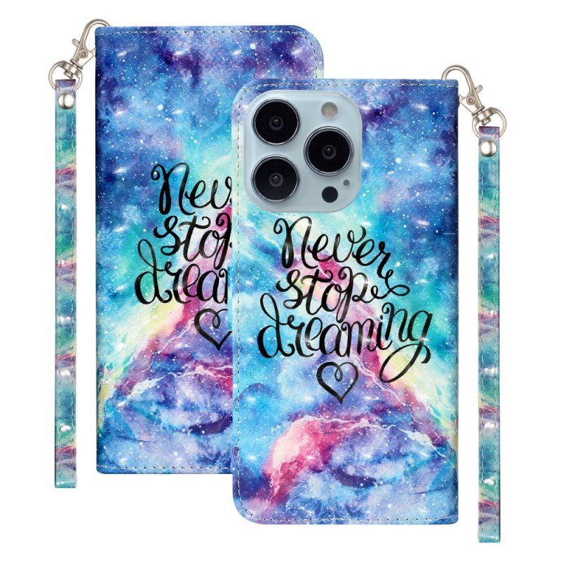 Folio Deksel Til iPhone 15 Pro Med Kjede Never Stop Dreaming 3d Strap